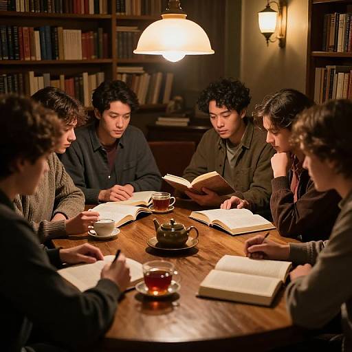 Photograph of six young men with curly and straight hair, wearing dark sweaters and jackets, sitting around a wooden table in a library, reading books
