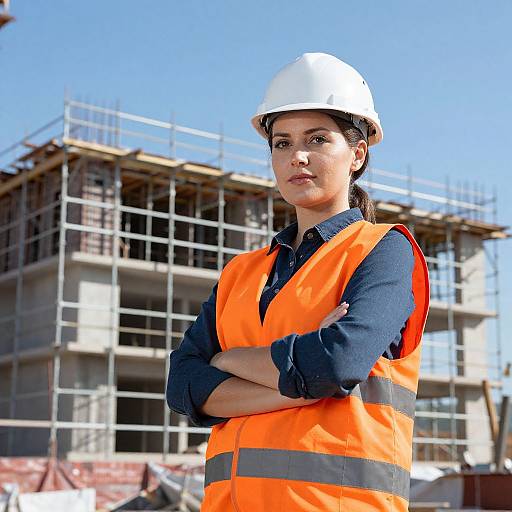 Photograph of a serious woman with light skin and dark hair, wearing a white hard hat and bright orange safety vest, standing in front of a construction