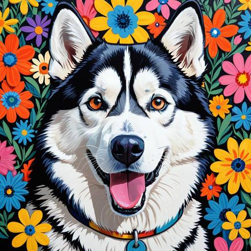 Pop Art Siberian Husky Portrait with Colorful Flowers