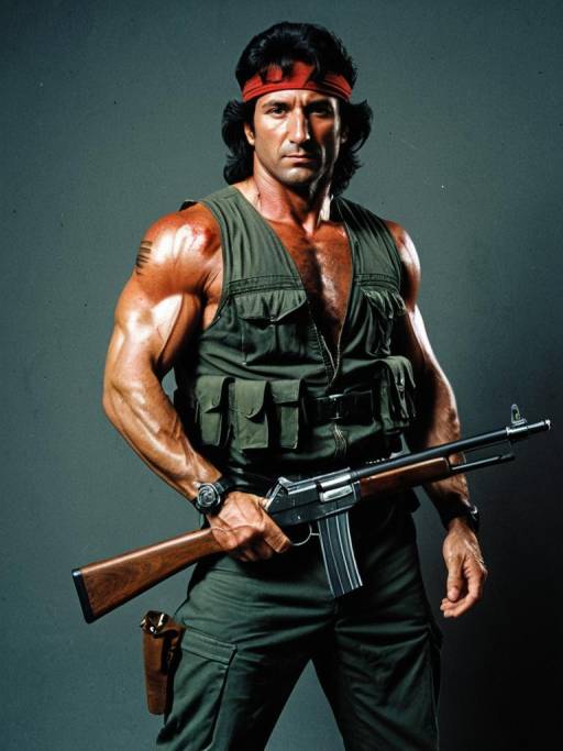 Man in Rambo First Blood Costume Holding Rifle