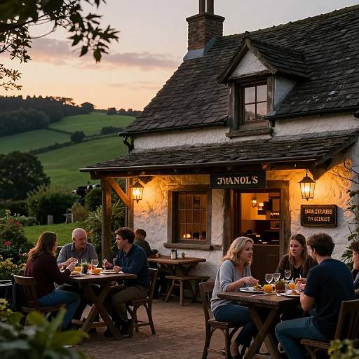 Photograph of six people dining at an outdoor restaurant called 