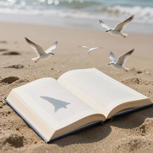 Photograph of an open book on sandy beach, with three seagulls flying above, sunlight reflecting off the water in the background.