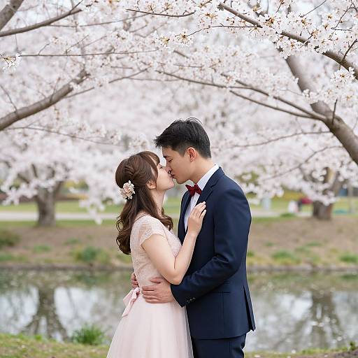 Photograph of an Asian couple in a cherry blossom park, kissing, wearing formal attire; she in a pink dress, he in a black suit,