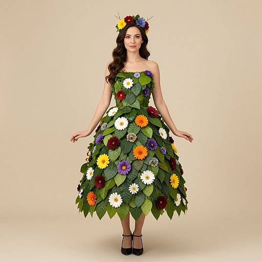 Woman in Leaf and Flower Dress