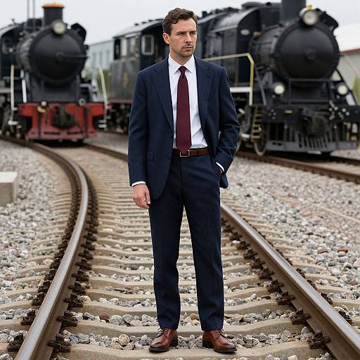 Photograph of a tall, handsome man in a navy suit, white shirt, and maroon tie standing on railway tracks with two black steam trains in