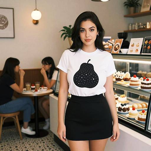 Photograph of a young woman with long black hair, wearing a white shirt with a black pear design and black skirt, standing in a brightly lit,