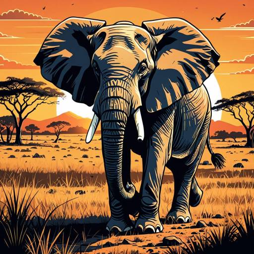 Elephant in Savannah Sunset Illustration Elephant in Savannah Sunset Illustration