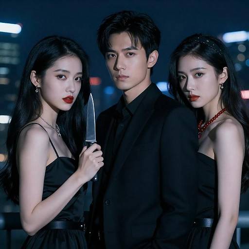 Three People in Black Evening Attire with Knife at Night