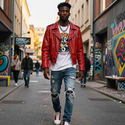 Photograph of a black man with short curly hair, wearing a red leather jacket, white graphic tee, ripped jeans, and white sneakers, walking down