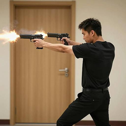 Man firing dual pistols indoors