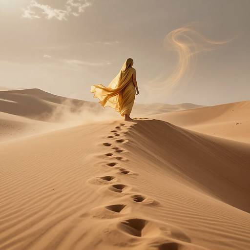 Photograph of a lone woman in a flowing yellow dress walking through sunlit desert sand dunes, leaving footprints behind, with a swirling cloud in