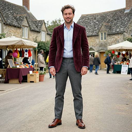 Photograph of a bearded man in a burgundy velvet blazer, white patterned shirt, gray trousers, and brown shoes, standing in a