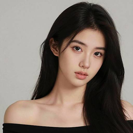 Photograph of an East Asian woman with long black hair, fair skin, and brown eyes, wearing an off-shoulder black top, against a