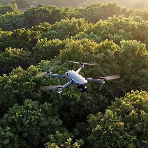 Photograph of a white drone with four spinning blades flying over dense, sunlit green forest canopy, sunlight filtering through leaves.