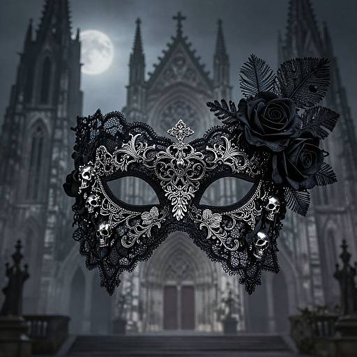 Gothic-style black lace masquerade mask with floral and rose detailing, set against a moonlit, gothic cathedral background. Digital art.