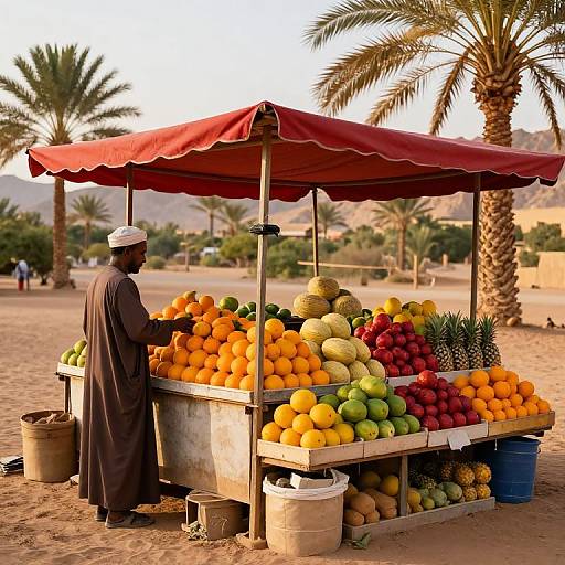Photograph of a Middle Eastern fruit vendor under a red canopy, surrounded by oranges, grapes, watermelons, and pineapples, with palm