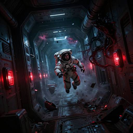Digital art of a lone astronaut in a white spacesuit, floating down a dark, futuristic, narrow corridor with red lights and smoke.