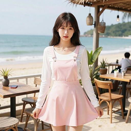 Playful Kawaii Woman at Beach Cafe