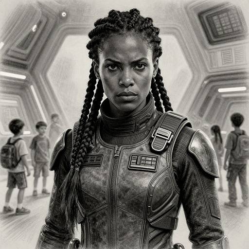 Photorealistic black-and-white CGI of a determined Black woman with dreadlocks in futuristic armor, standing in a hexagonal spaceship corridor with blurred children in