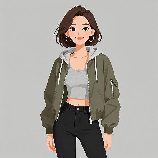 Digital illustration of a smiling Asian woman with short brown hair, wearing a green bomber jacket, white crop top, black high-waisted pants, and