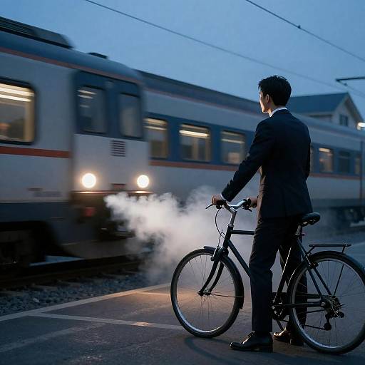 Twilight Encounter: Man, Train, and Bicycle