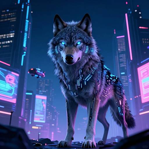 Cyberpunk Wolf in Neon Cityscape