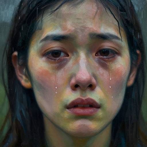 Digital painting of a tearful Asian woman with wet, dark hair, and a somber expression. Her face is painted with vivid, blended colors and