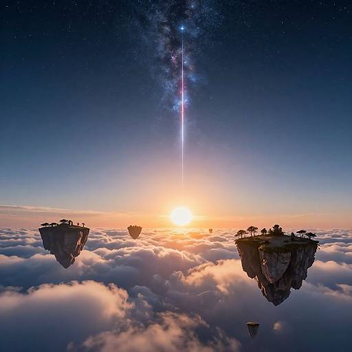 Digital artwork of two floating islands with trees above a sea of clouds, under a glowing sunrise and a long, bright galaxy streak in the darkening sky