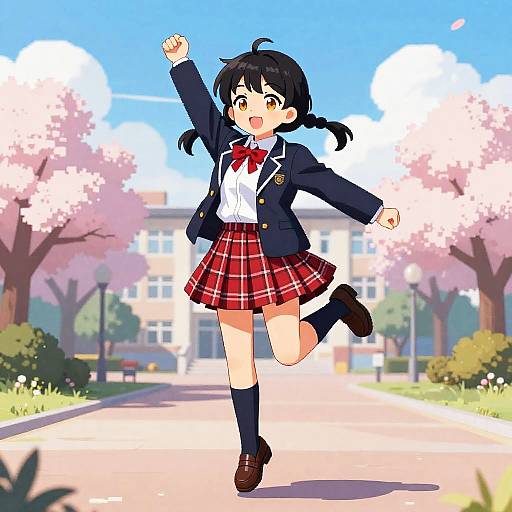 Pixel Art Schoolgirl Jumping in Joy