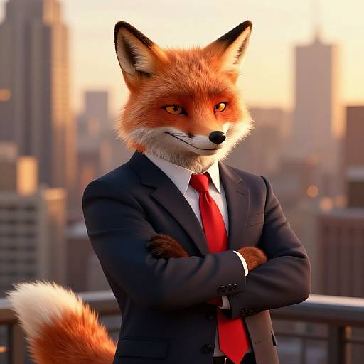 Anthropomorphic fox in a black suit and red tie, arms crossed, standing on a rooftop with a cityscape background at sunset. Digital art.