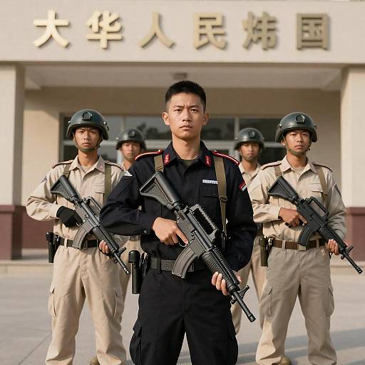 Four Armed Soldiers in Front of Building