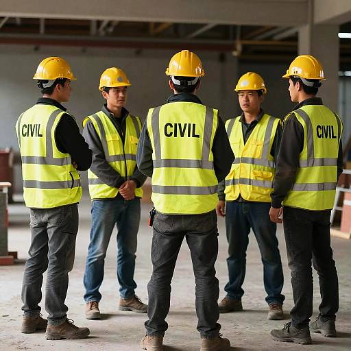 Photograph of five male construction workers in yellow helmets and high-visibility vests, standing in a dimly lit, industrial space, with 