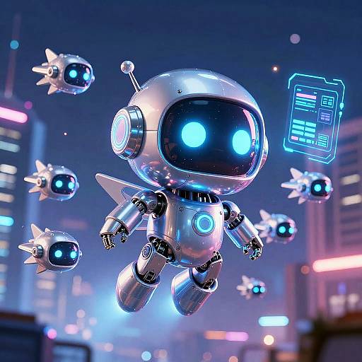 Chibi AI Helper Over Cyberpunk City