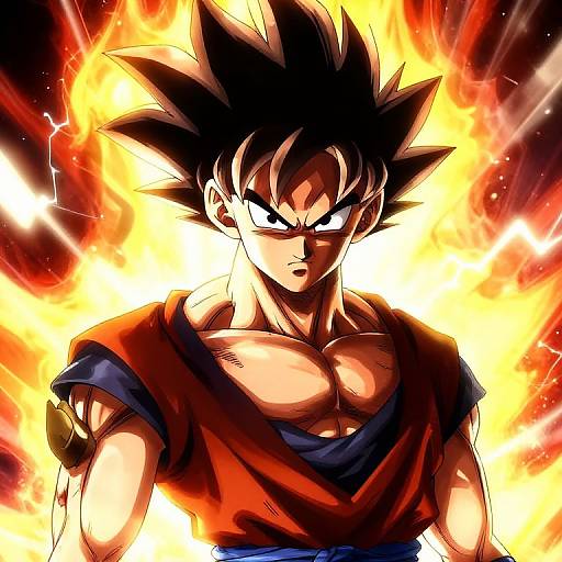 Digital illustration of Super Saiyan Goku with spiky black hair, intense expression, glowing yellow and red aura, muscular chest, torn orange and blue gi