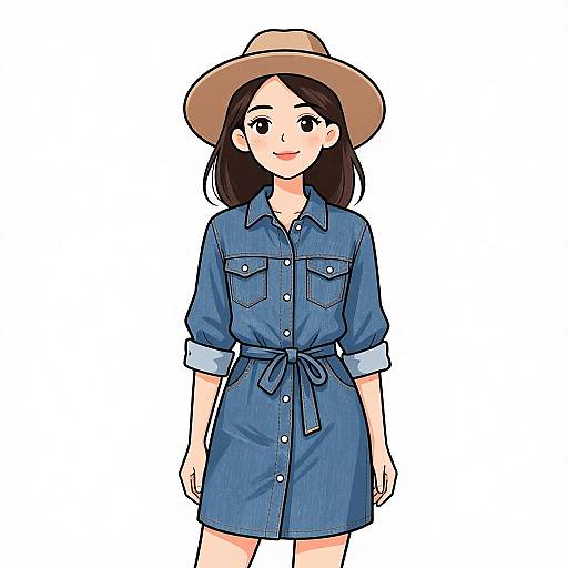 Smiling Woman in Denim Shirt Dress and Wide-Brimmed Hat