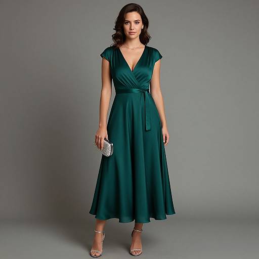 Photograph of a young woman with dark wavy hair, wearing a teal V-neck, short-sleeved, floor-length dress, holding a silver