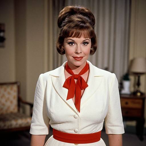 Photograph of a 1960s-style woman with dark hair in an updo, wearing a white blouse, red ribbon, and red sash