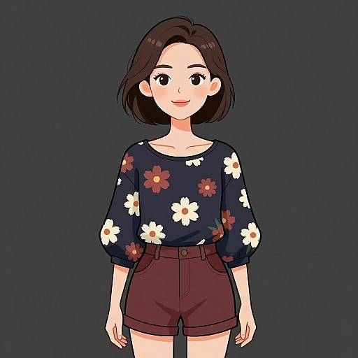 Smiling Woman in Casual Floral Outfit