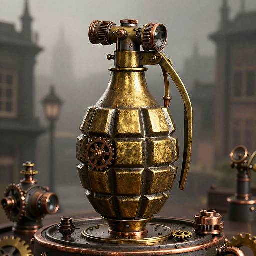 Photorealistic CGI of a brass, hexagon-patterned bomb-shaped device with gears, set on a foggy, Victorian street background.