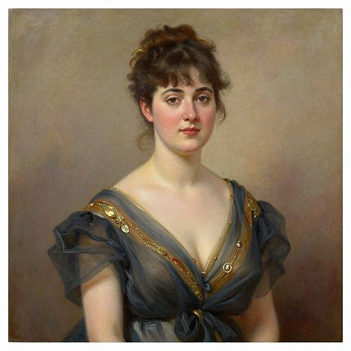 Classical portrait of a fair-skinned woman with dark hair in an updo, wearing a blue, gold-embellished dress with a deep