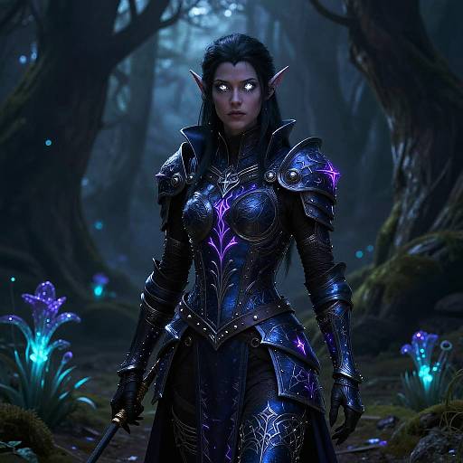 CGI image of a dark-haired, elf-like woman with glowing white eyes, wearing intricate, purple-accented black armor in a mystical, glowing
