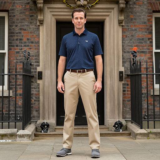 Photograph of a smiling Caucasian man with short brown hair, wearing a navy blue polka dot shirt, beige pants, and blue sneakers, standing in