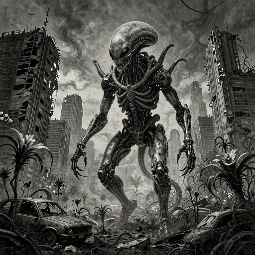 Digital black-and-white artwork of a grotesque, alien-like creature with a large, smooth head, elongated arms, and tentacles, standing in