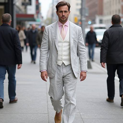 Photograph of a handsome, bearded man in a silver suit, white vest, and pink shirt, walking confidently on a busy city street. Bl