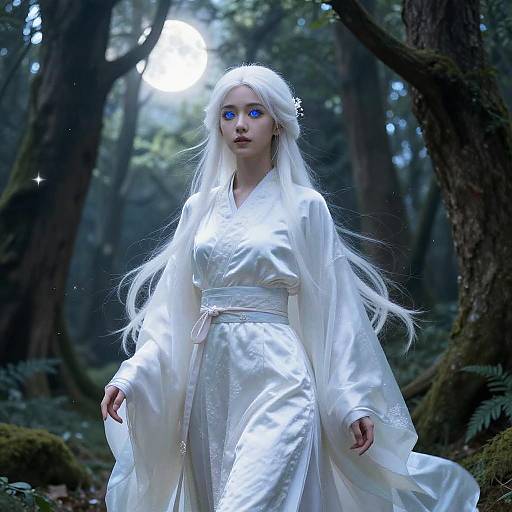 Digital fantasy portrait of a pale-skinned woman with long white hair, blue eyes, and white kimono, standing in a misty forest.