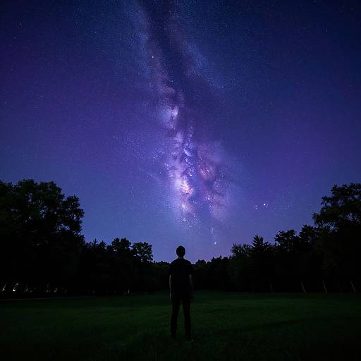 Silhouetted person stands in dark field, gazing at vibrant Milky Way galaxy overhead; trees frame both sides under starry night sky.