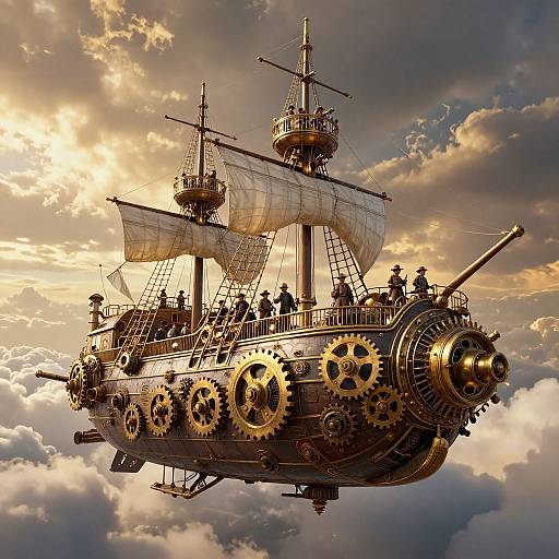 Intricate Steampunk Airship Above Clouds