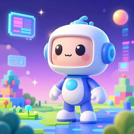 Cute, chibi-style digital illustration of a white and blue robot with a smiling face, standing in a colorful, neon-lit, futuristic landscape