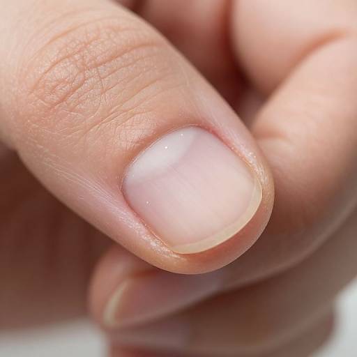 Close-up photograph of a person's finger with a slightly yellowed, slightly uneven, and glossy nail, showing natural skin texture and subtle wrinkles.