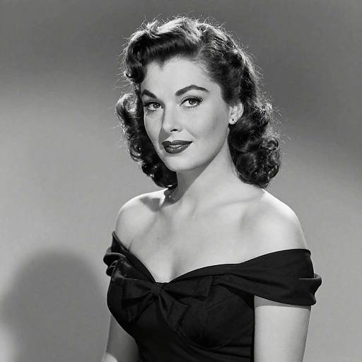 Black-and-white photograph of a vintage-styled woman with curly dark hair, off-shoulder black dress, and dark lipstick, gazing confidently at